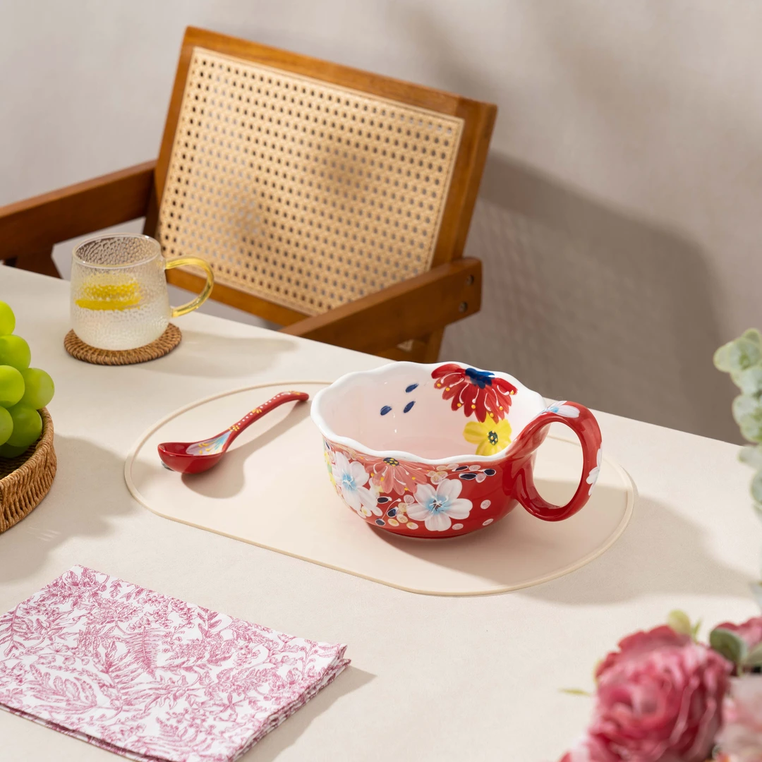 【高吉Gogic】月季花开-手绘釉下彩濑户烧红色曲把碗1000毫升（配勺）