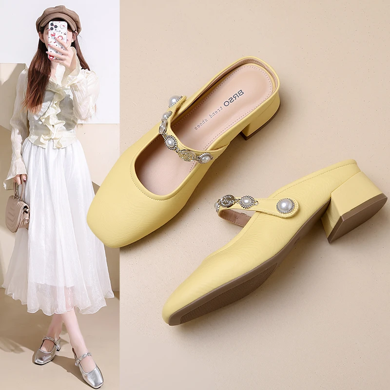 粗跟包头拖鞋女夏季外穿2025年新款低跟半拖女鞋法式魔术贴小凉拖