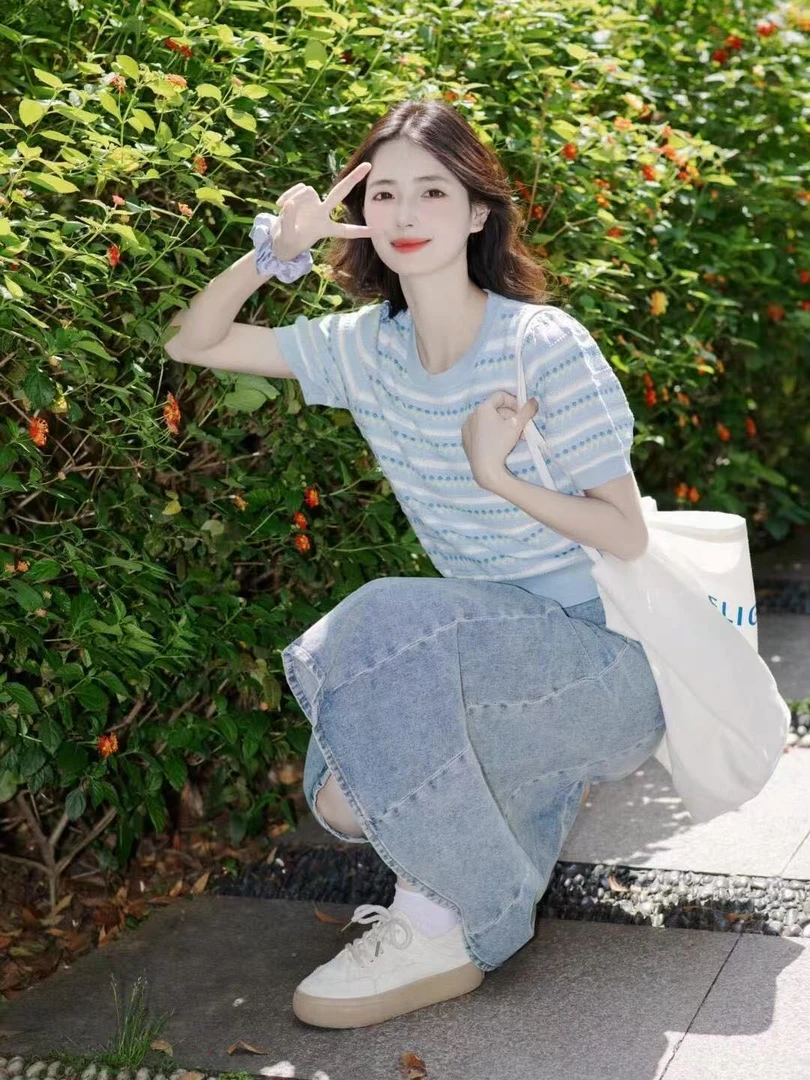 2025夏季新款多巴胺甜美短款圆领T恤撞色条纹针织衫女T恤