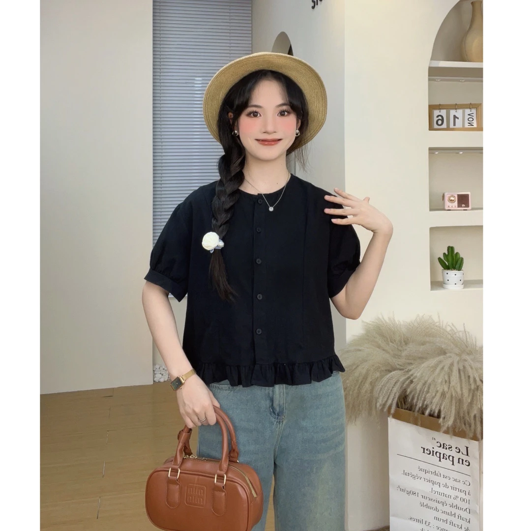 《821》泡泡袖圆领衬衫女夏2024新款韩版甜美短款上衣女设计感小众