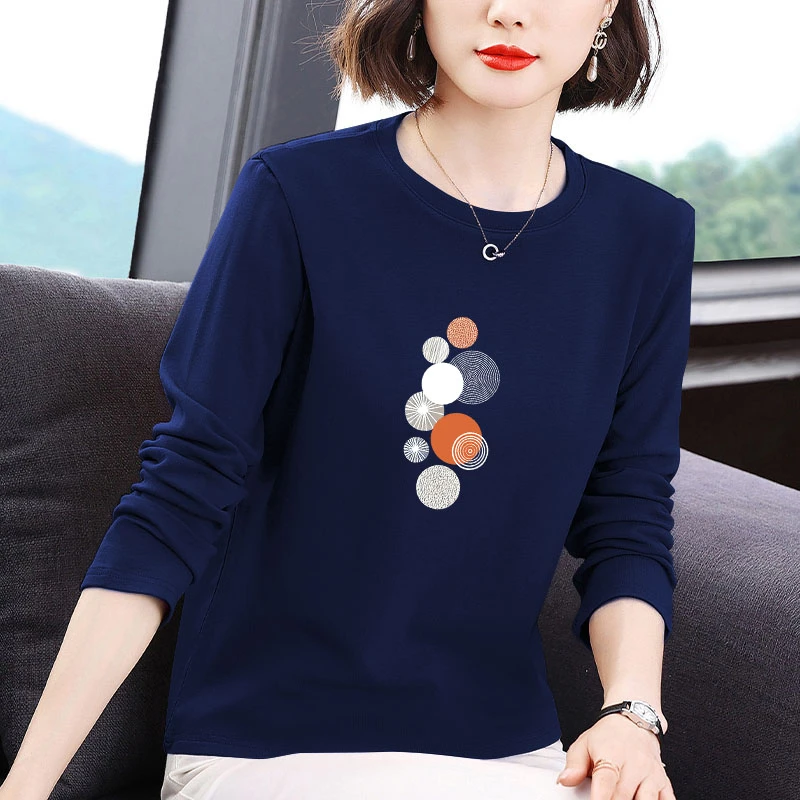 2025春秋新款洋气长袖上衣女纯棉圆领休闲气质薄款宽松遮肉T恤衫