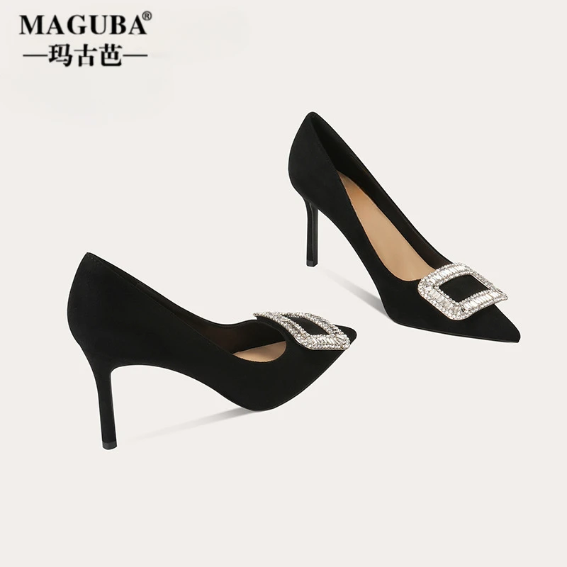 MAGUBA/玛古芭玛古芭方女鞋扣水钻黑色细跟高跟鞋细尖头浅口法式