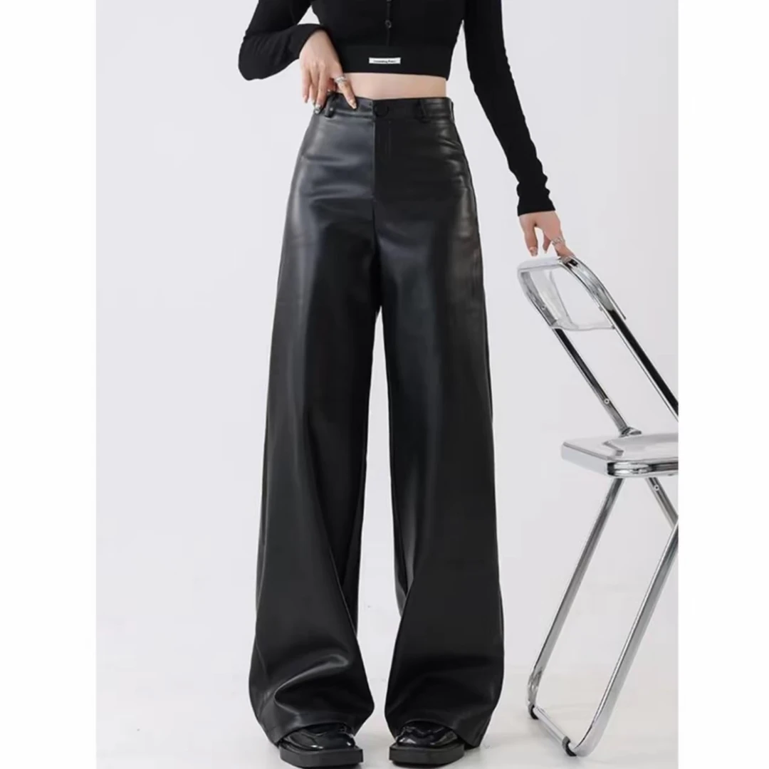 2025秋冬百搭休闲高腰加长直筒显瘦网红皮裤