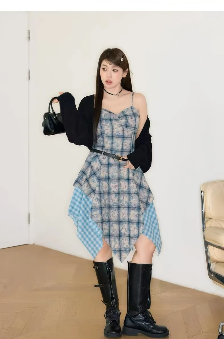 大码胖MM韩版辣妹无袖吊带拼接下摆不规则格纹连衣裙+外搭套装