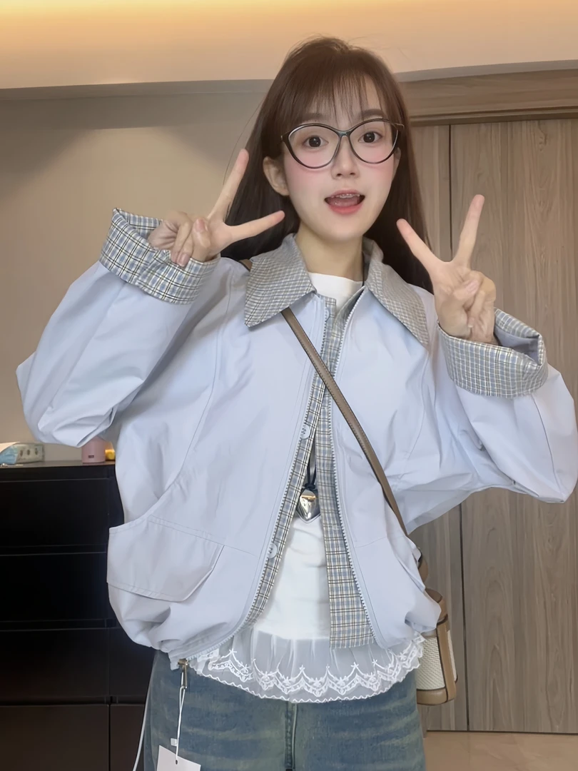 801-M格子拼接短款工装外套春款2025新款休闲美式夹克时尚百搭