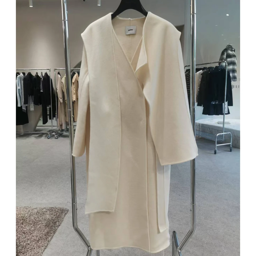 白色羊毛兜帽披肩设计双面昵廓形大衣