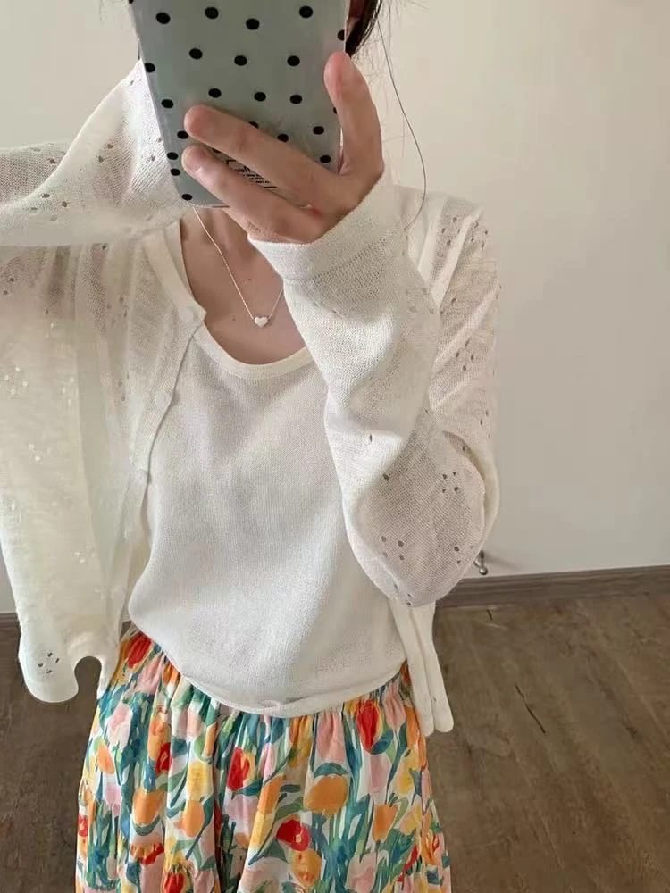 韩系甜美镂空花防晒针织开衫42588 衣长55