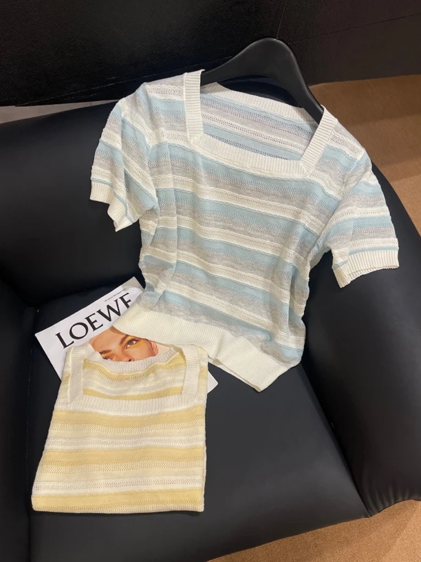 KW【春日条纹】南油欧货设计师款女装时尚条纹拼色镂空冰丝针织上衣