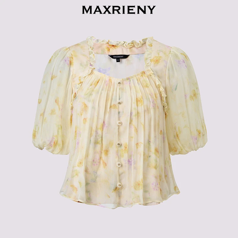 MAXRIENY25年夏季新款日落繁花宫廷风灯笼袖显瘦印花甜美上衣