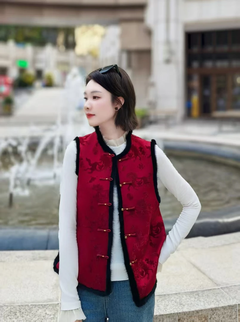 墨墨高定红色马上有钱加棉水貂毛提花新中式国风女装上衣