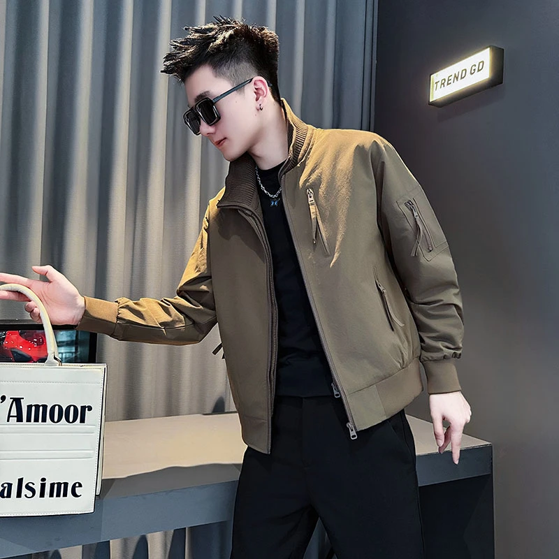 外套男款春秋季网红洋气炸街男装高级感痞帅针织领假两件立领夹克