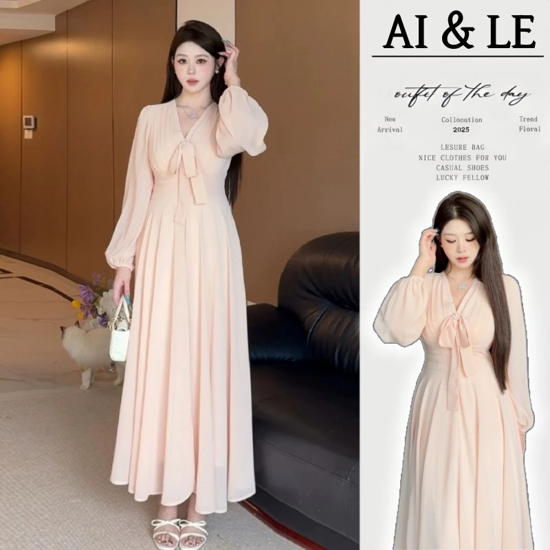 法式粉色蝴蝶结连衣裙长袖秋季2025气质温柔甜美飘带大码显瘦长裙