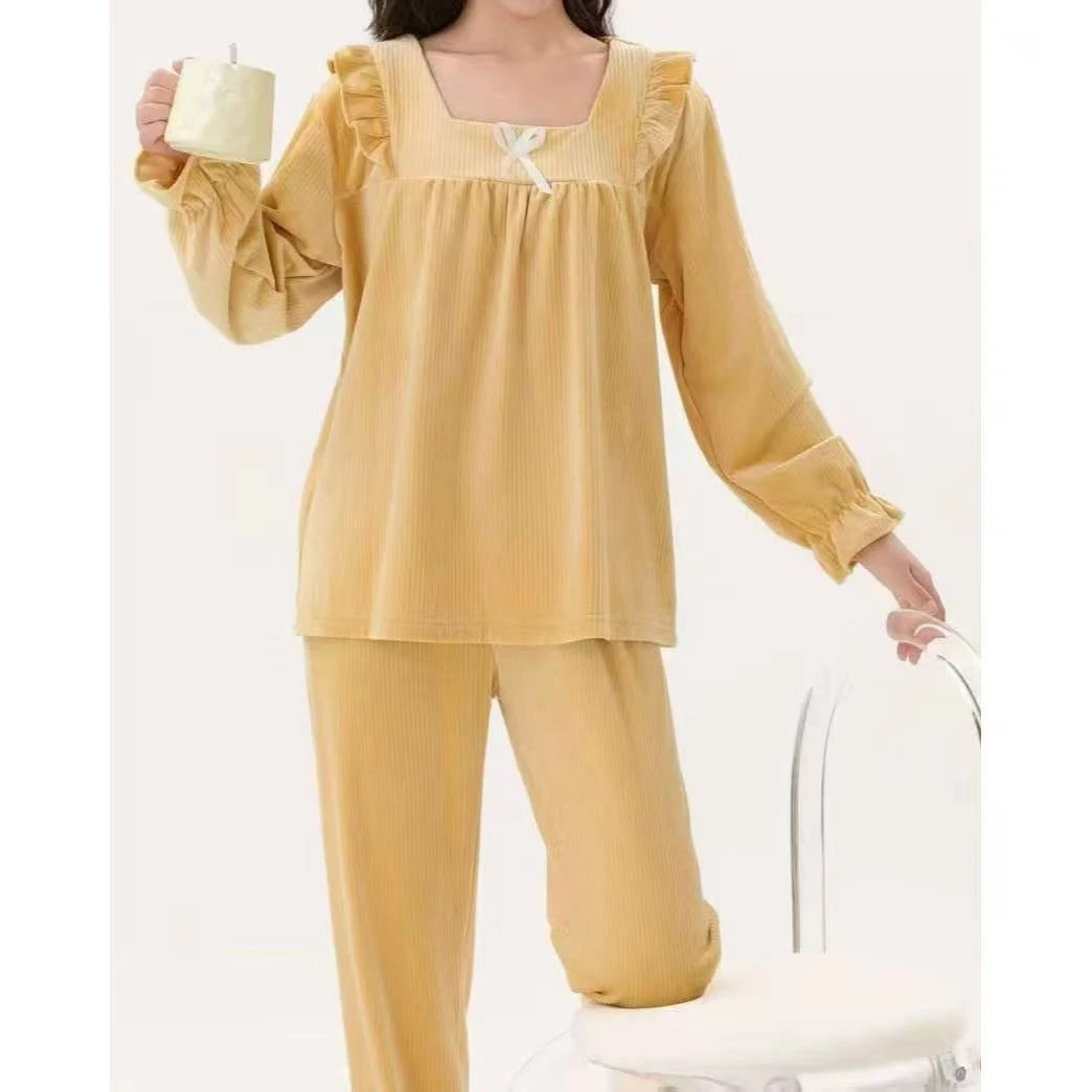 海岛绒甜美方领蝴蝶结花边木耳边家居服睡衣套装~A1685P小静折扣