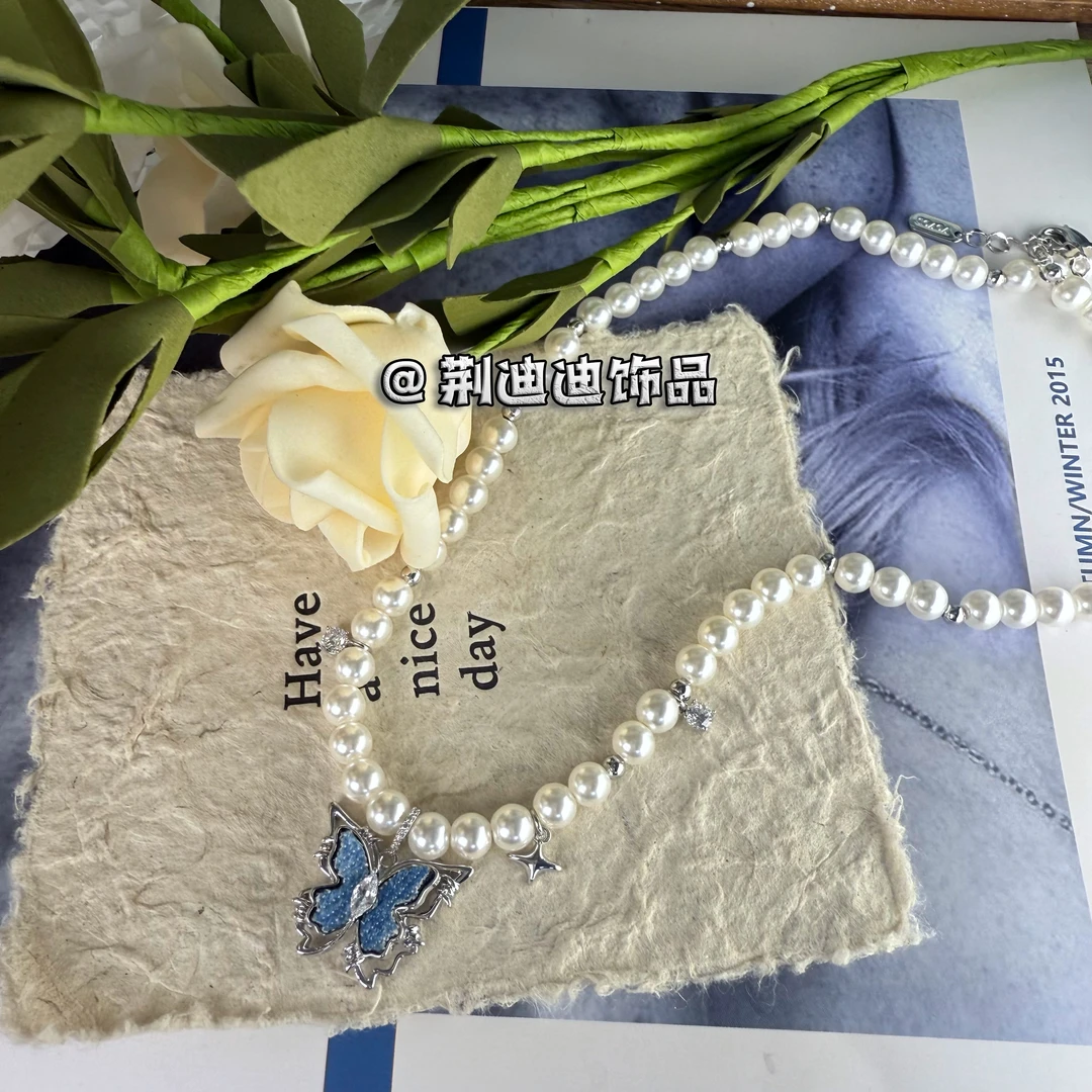 铜合金仿珍珠项链 牛仔蝴蝶贝珠项链XL-1052