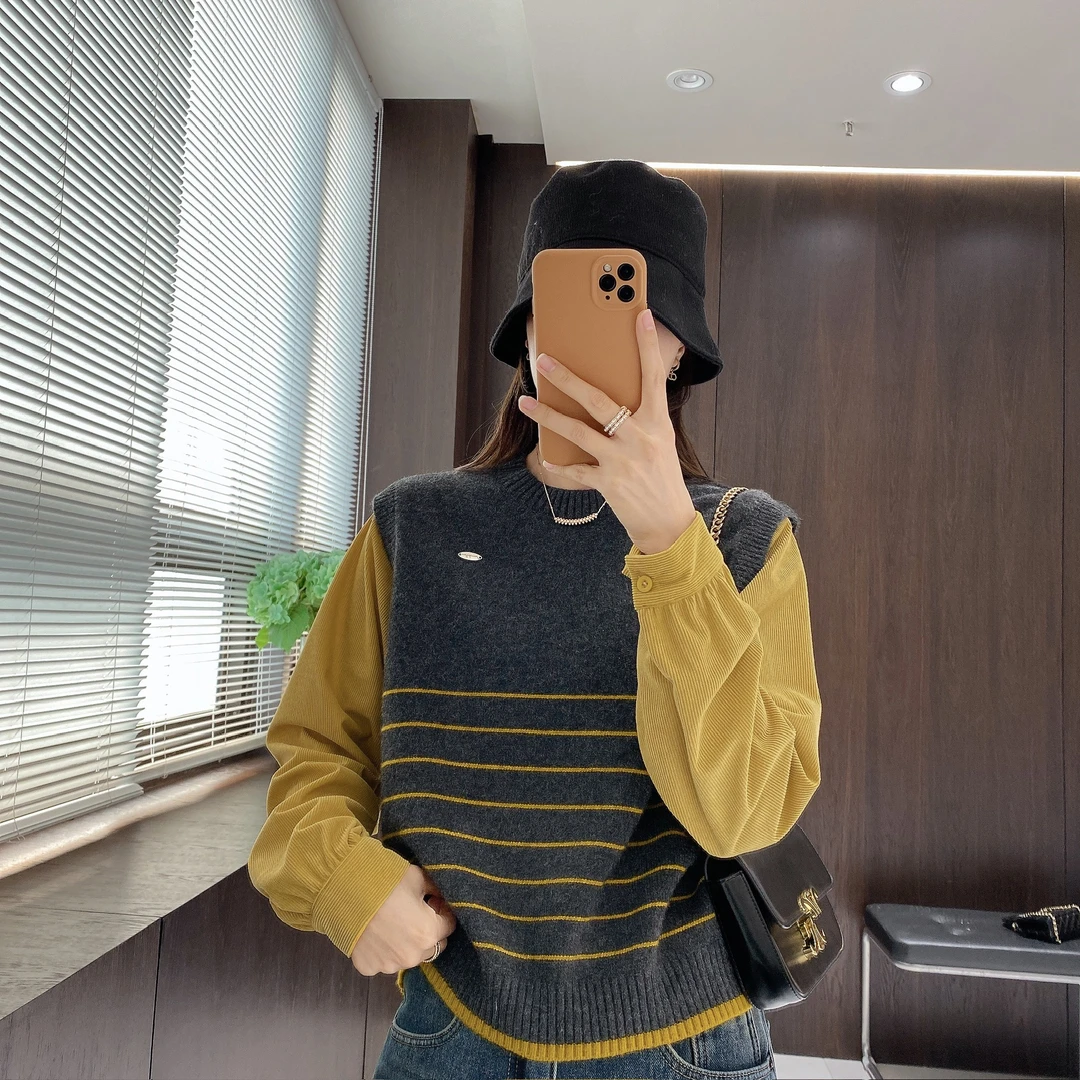 IMFLY金小金自制女装 假两件针织衫DYW10277秋冬马甲拼衬衫袖毛衣