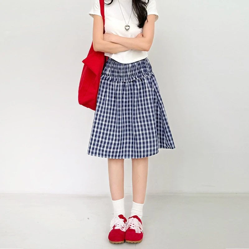 日系两穿半身伞裙夏季新款a字垂感格子裙宽松抹胸裙子女士连衣裙