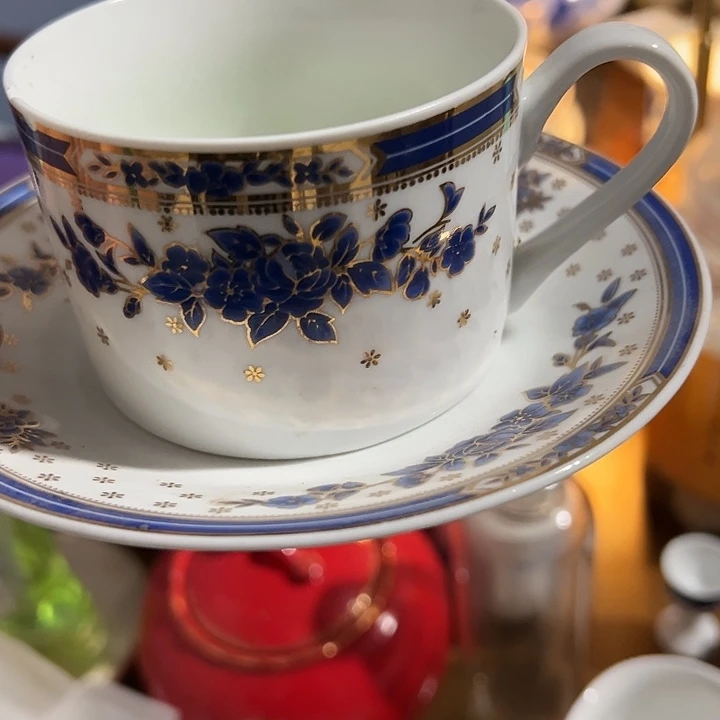 蓝金牡丹高岭土咖啡杯