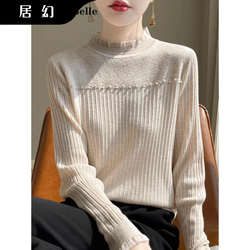 居幻蕾丝打底衫女秋冬内搭洋气钉珠针织上衣大码女装秋冬毛衣潮流