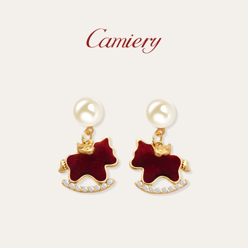 CAMIERY/卡美瑞 新中式轻奢红色丝绒小马珠珠耳钉Ning