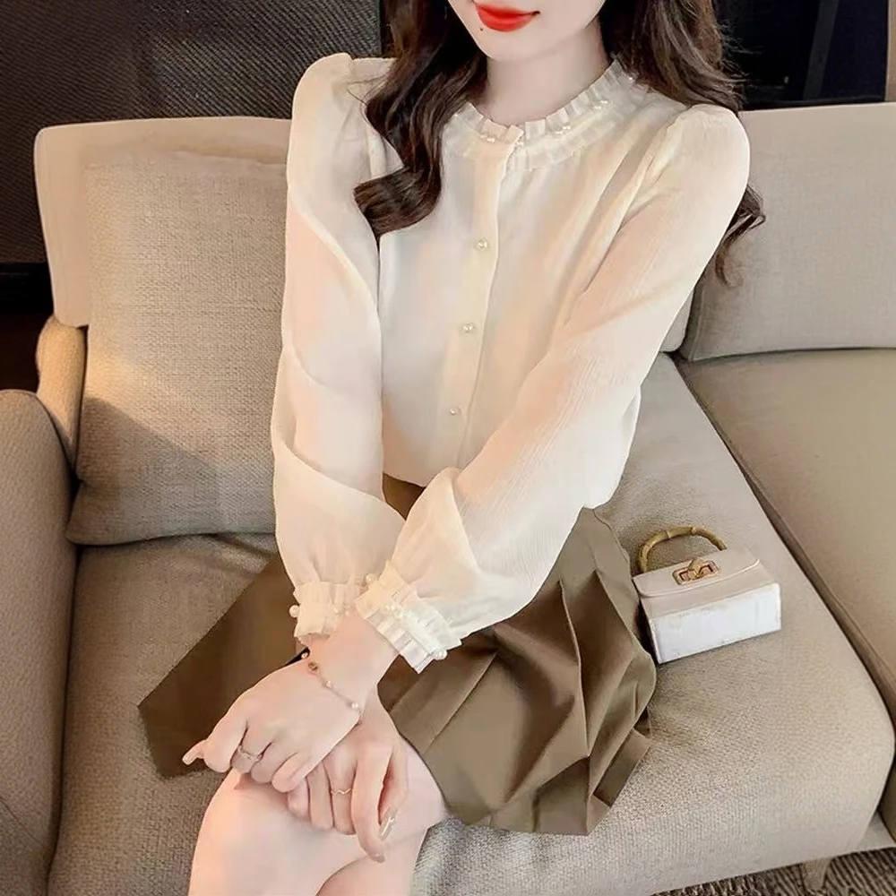 5168法式重工钉珠圆领衬衫女2025春季新款别致设计感小众长袖上衣