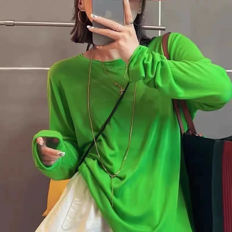 防晒圆领纯色常规长袖极简风针织衫1166