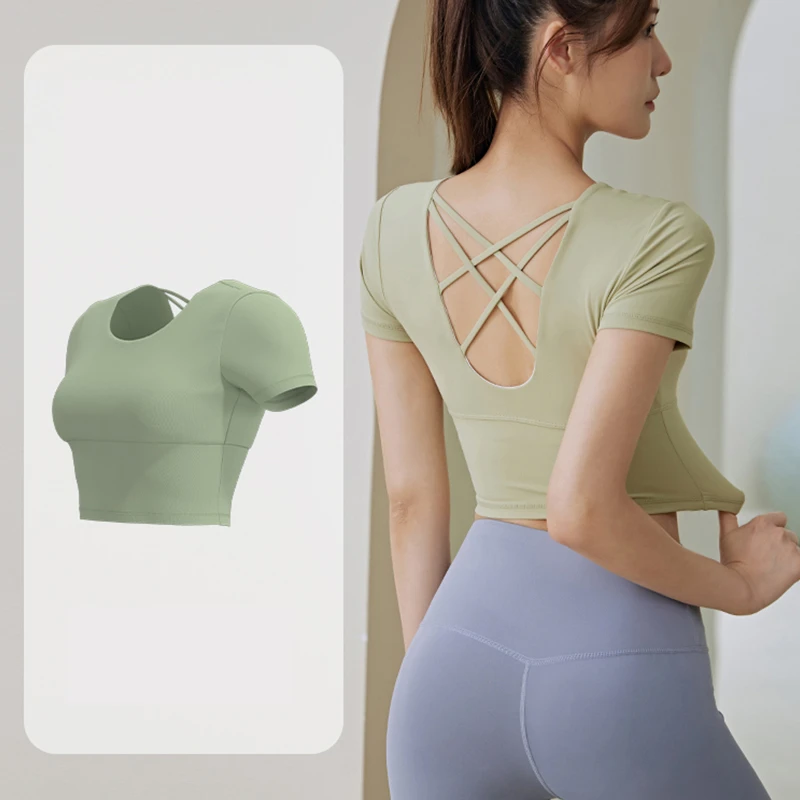 2025歌姿羽运动瑜伽交叉美背短袖