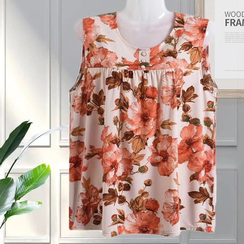 加肥加大200斤老年人冰丝网眼背心外穿女薄款无袖t恤碎花上衣吊带