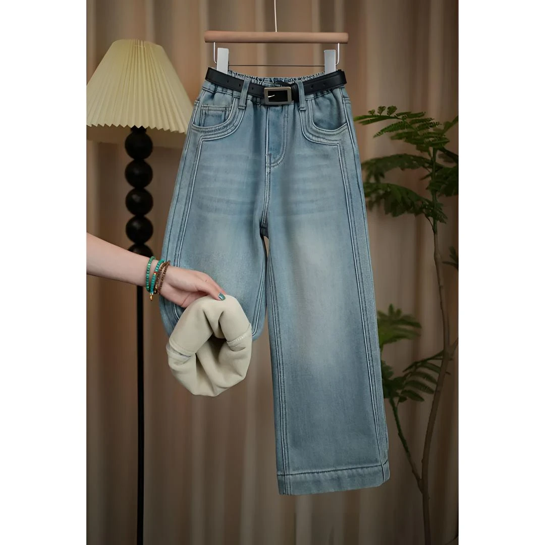 女童加绒冬季牛仔裤2025新款裤前设计百搭复古中大童直筒牛仔裤