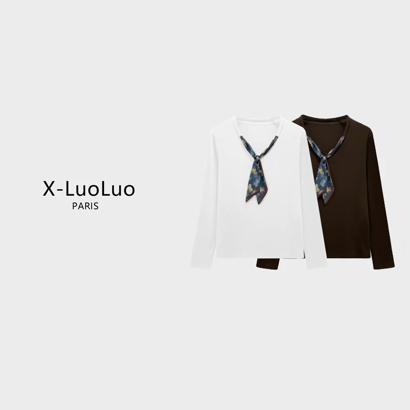 【X-LuoLuo洛洛】68199#CSIN轻奢丝巾印花V领拼接T恤衫2025秋冬上衣