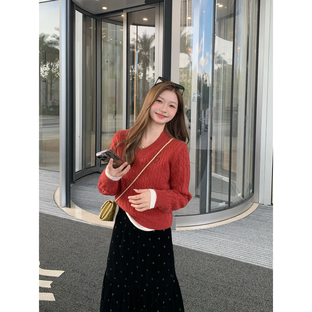 切糕自制【小镇暖调】小个子秋季女流光风纯欲慵懒感百搭长袖毛衣