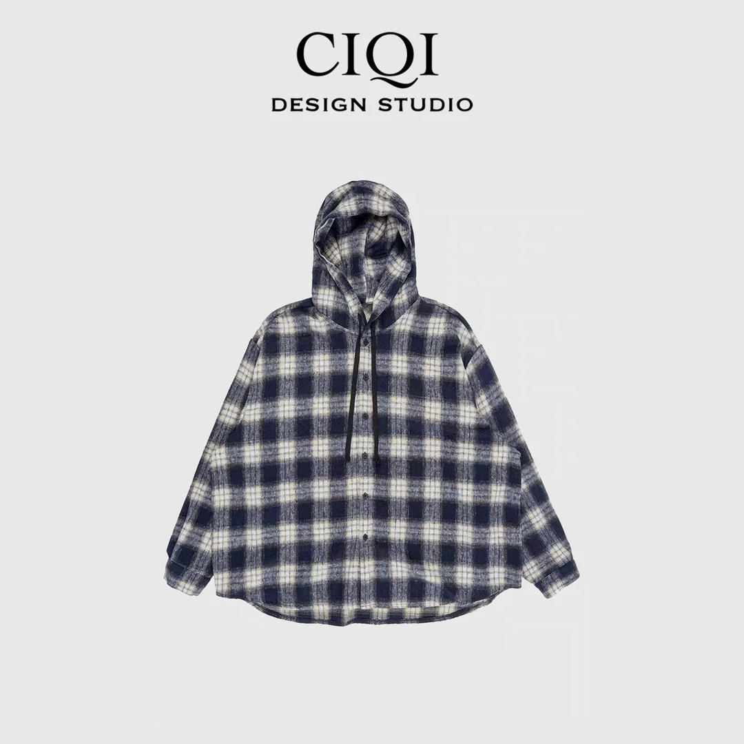 CIQI STUDIO【港味格子】外套时尚格子衬衫常规格纹宽松连帽 W19201