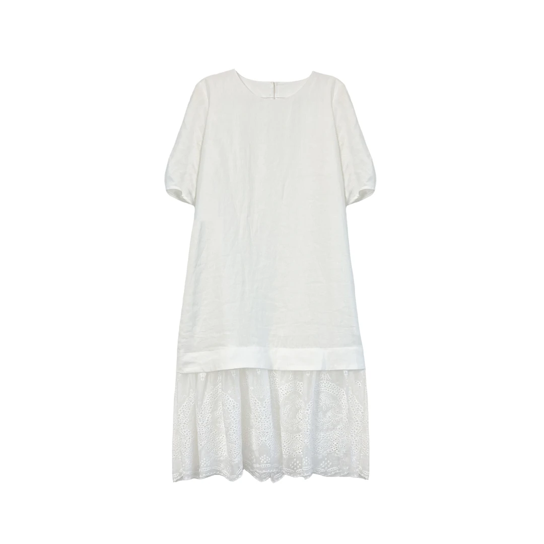 【Megien应果】白色圆领连衣裙女法式气质简约显瘦蕾丝拼接2505057
