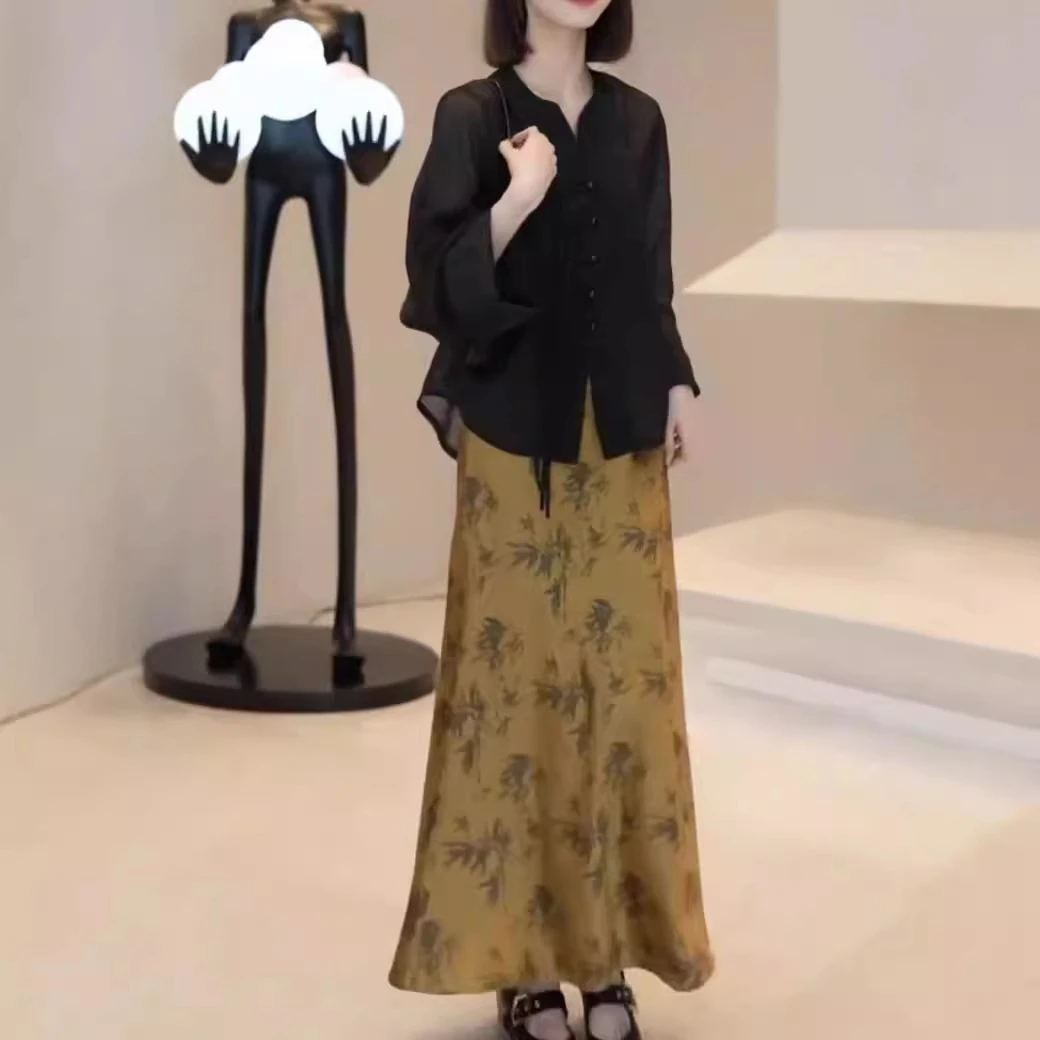 大爱美依缘2025秋季新款复古中式长袖衬衫高腰印花半身裙女显瘦气