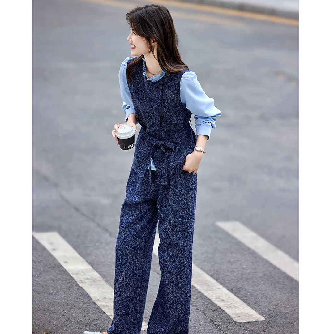 尚静通勤风三件套2025秋季新款斜门襟系带马夹+花边领衬衫+阔腿裤