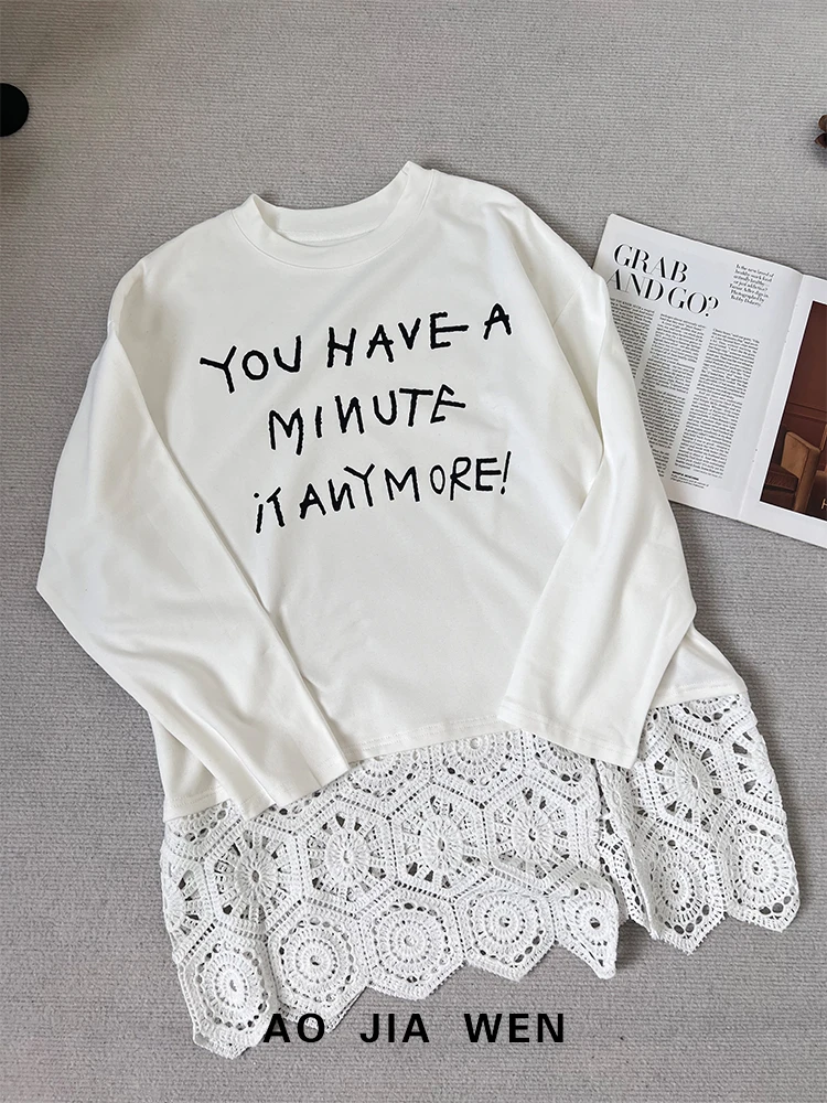 【佳文定制】9528蕾丝拼接下摆字母YOU印花长袖T恤上衣
