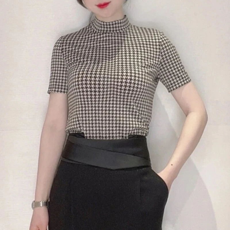 商场同款新款夏休闲时尚气质修身显瘦立领千鸟格子T恤衬衫女装