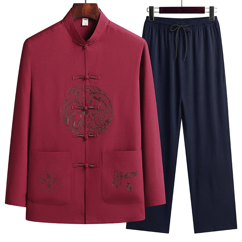 男士老人男男装夏装中国风春秋长袖唐装棉麻套装中老年爸爸装春夏