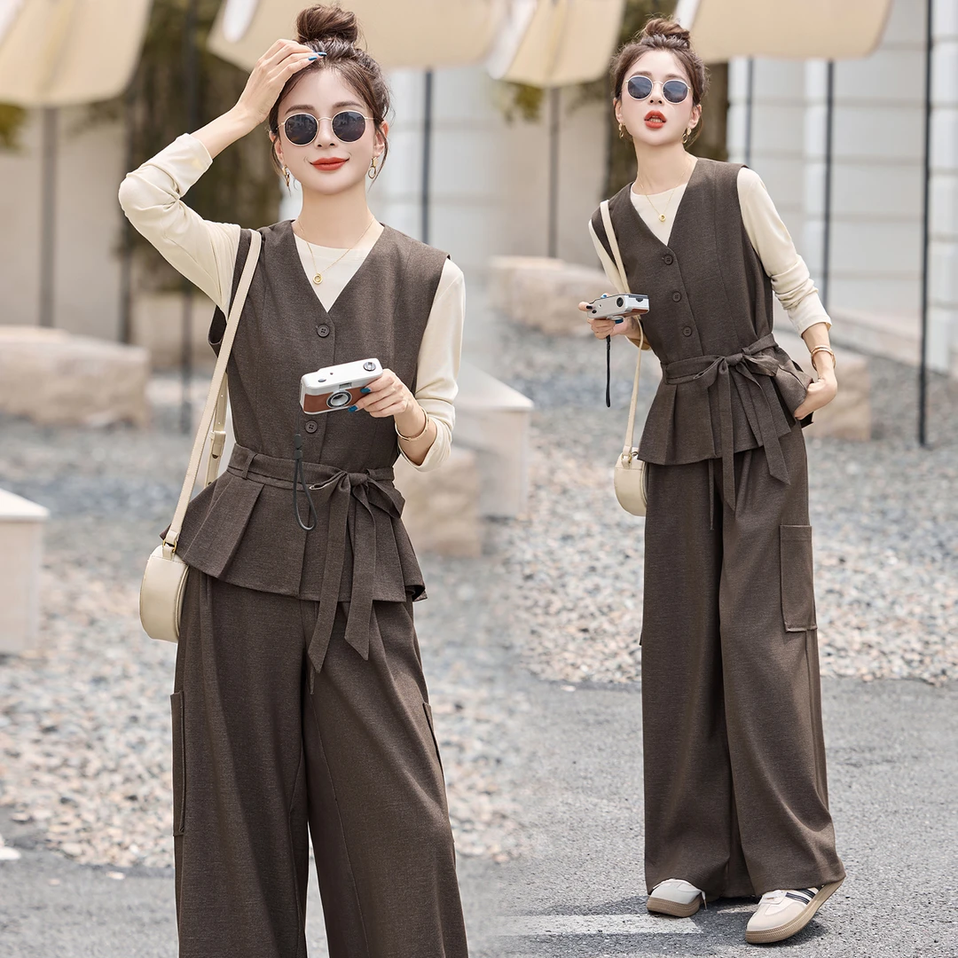 韩系气质马甲系带套装女2025年春秋新款休闲时尚高腰阔腿裤三件套
