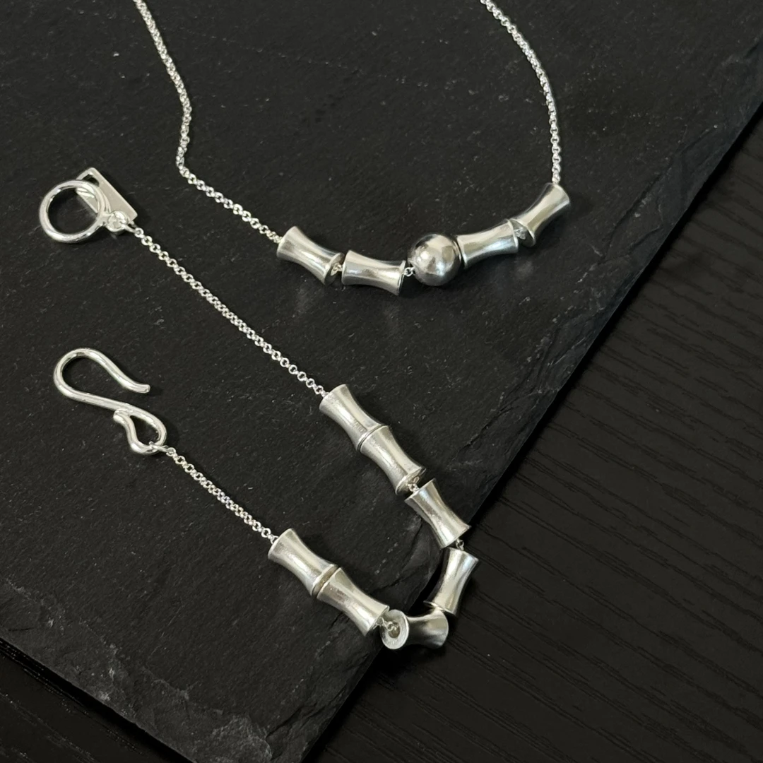 925银银制品 竹子套系/竹节项链手链光面新中式风格时髦白色