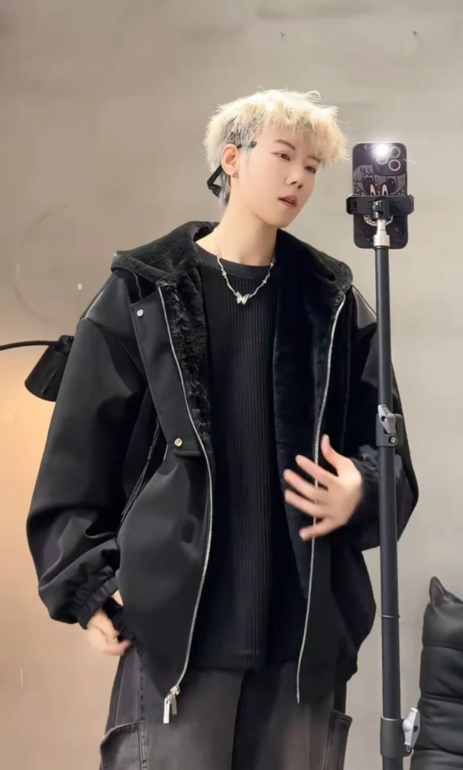 ABFX冬季加厚夹克连帽皮衣男座山雕显瘦宽松棉服保暖外套潮