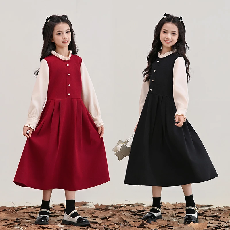 女童红色连衣裙2025夏季新款中大童韩版收腰领子裙子女孩时尚长裙