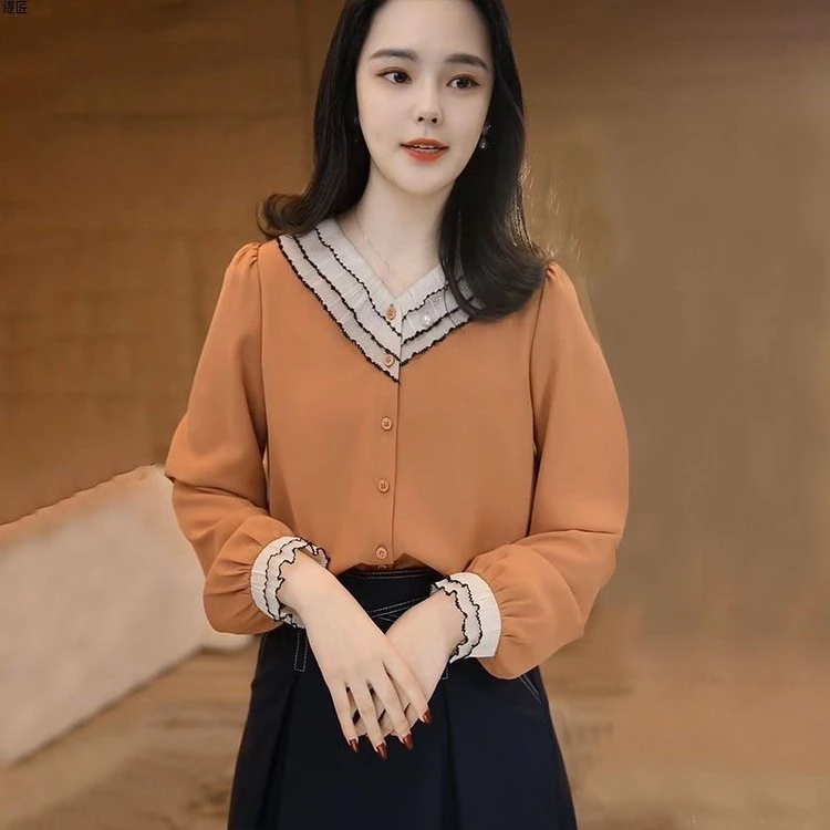 简约时尚百搭撞色花边设计感法式衬衫女2025春新款轻熟风衬衣上衣