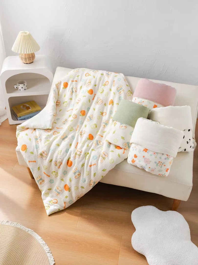 新生儿双层纱绉布柔软透气薄款棉花被加厚幼儿园午休被子可拆洗