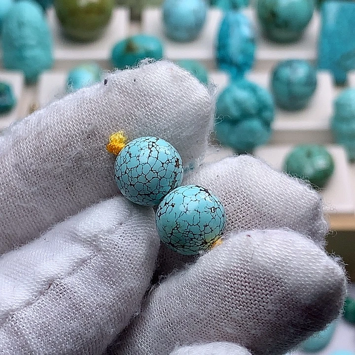 绿松石未镶嵌珠宝奇石直径10网花圆珠一对