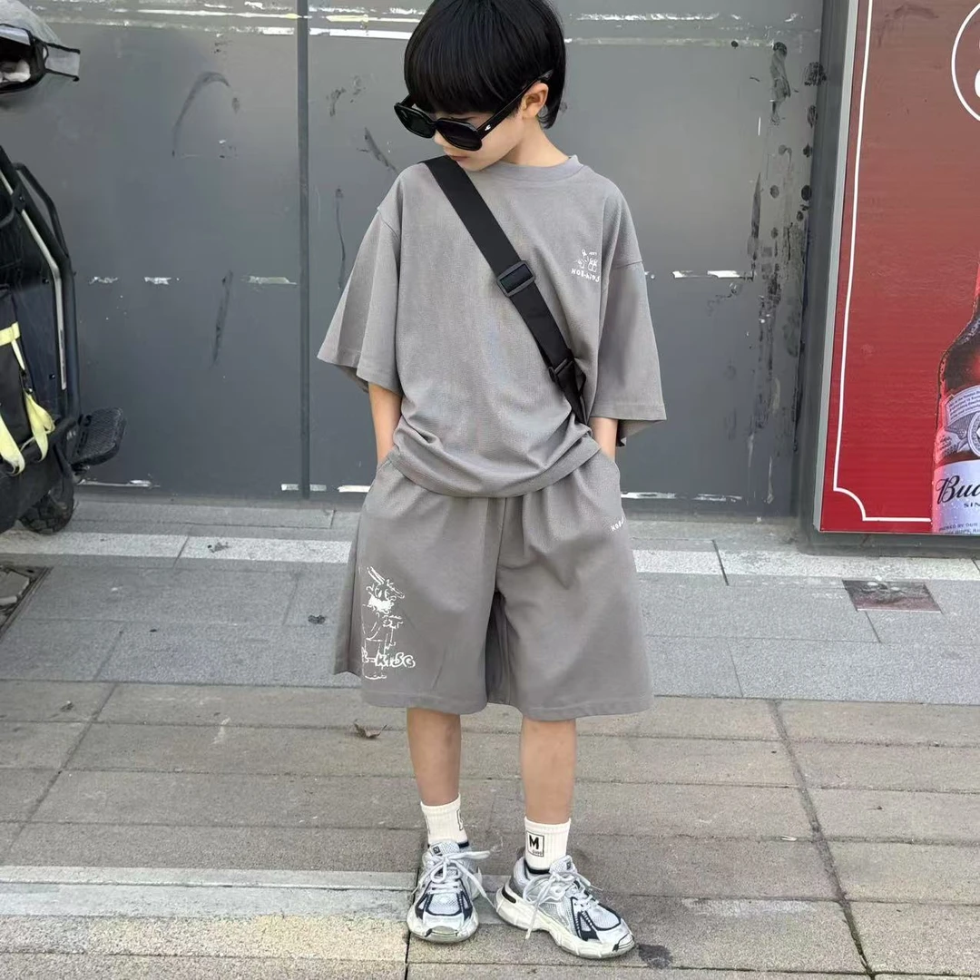 86037儿童中大童套装宽松百搭运动夏季潮流韩版休闲时尚帅气纯色