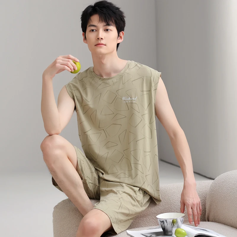 卡之恋青少年夏季睡衣男款纯棉背心短裤套装可外穿坎肩家居服