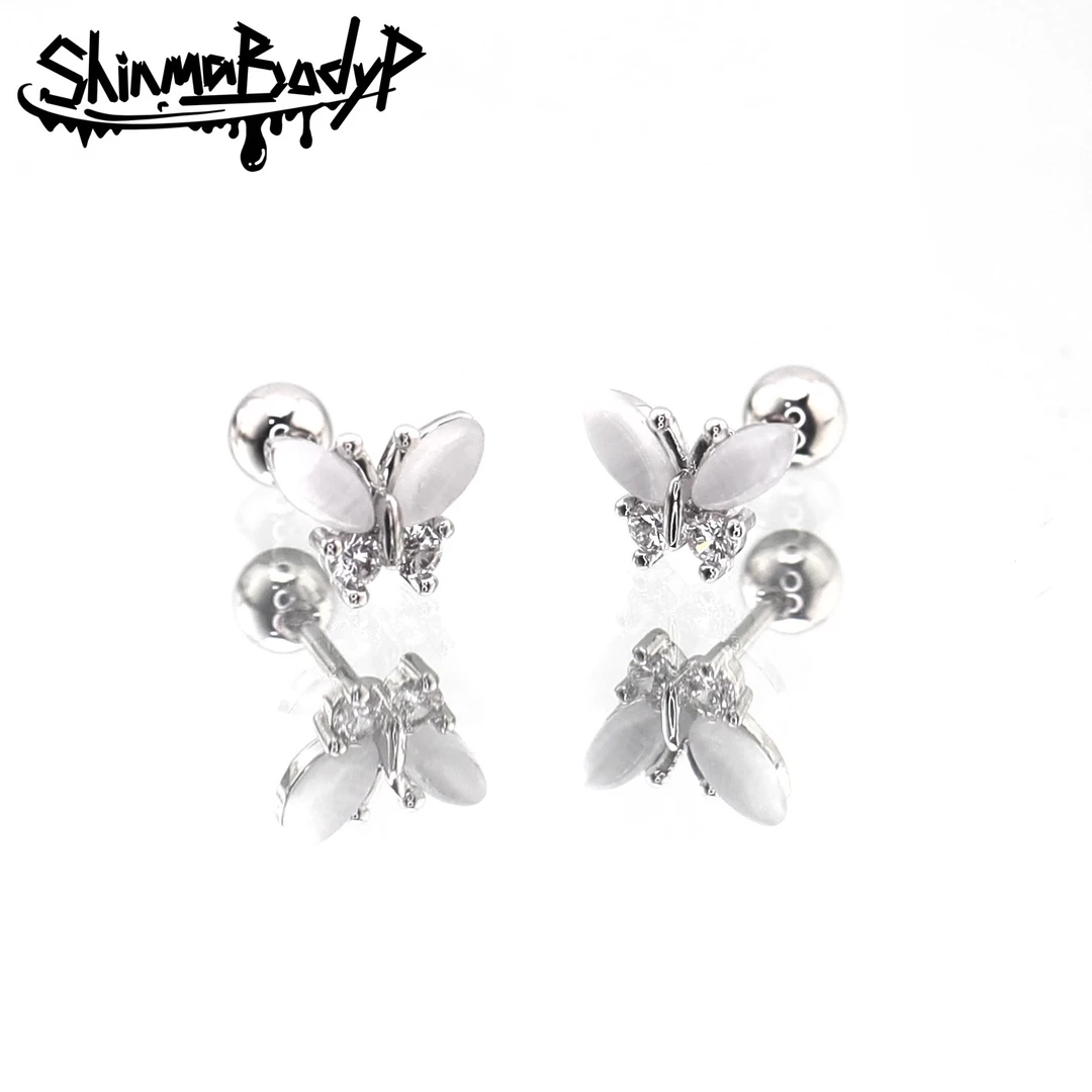 SHINMA 纯白气质蝴蝶蛋白石镶钻甜美可爱氛围感冬日耳钉耳骨钉