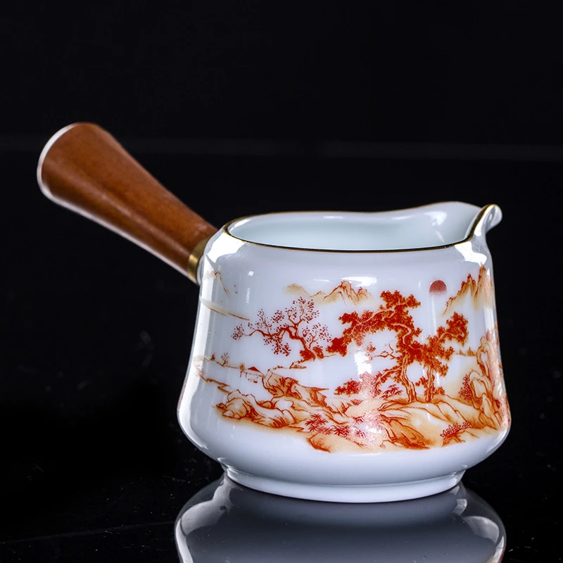 大号中式侧把防烫公道杯陶瓷影青山水画茶海带手柄匀杯茶水分离器