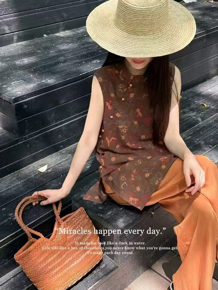 WYK L胸106长80新中式垂感无袖开叉高级感中长款衬衫上衣 1038