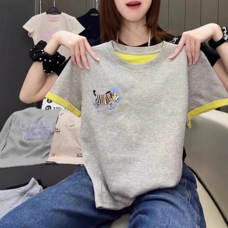 夏季新款大码灰色彩虹小马刺绣圆领正肩短袖T恤女慵懒风别致上衣